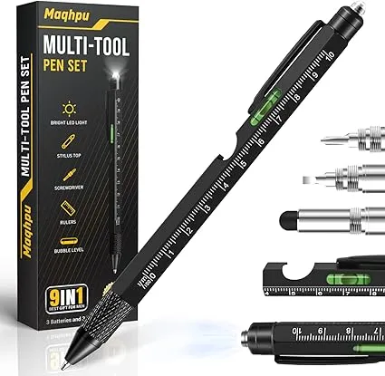 Bolígrafo 9 en 1 con destornillador, regla, nivel y más. Ideal para bricolaje y uso diario.